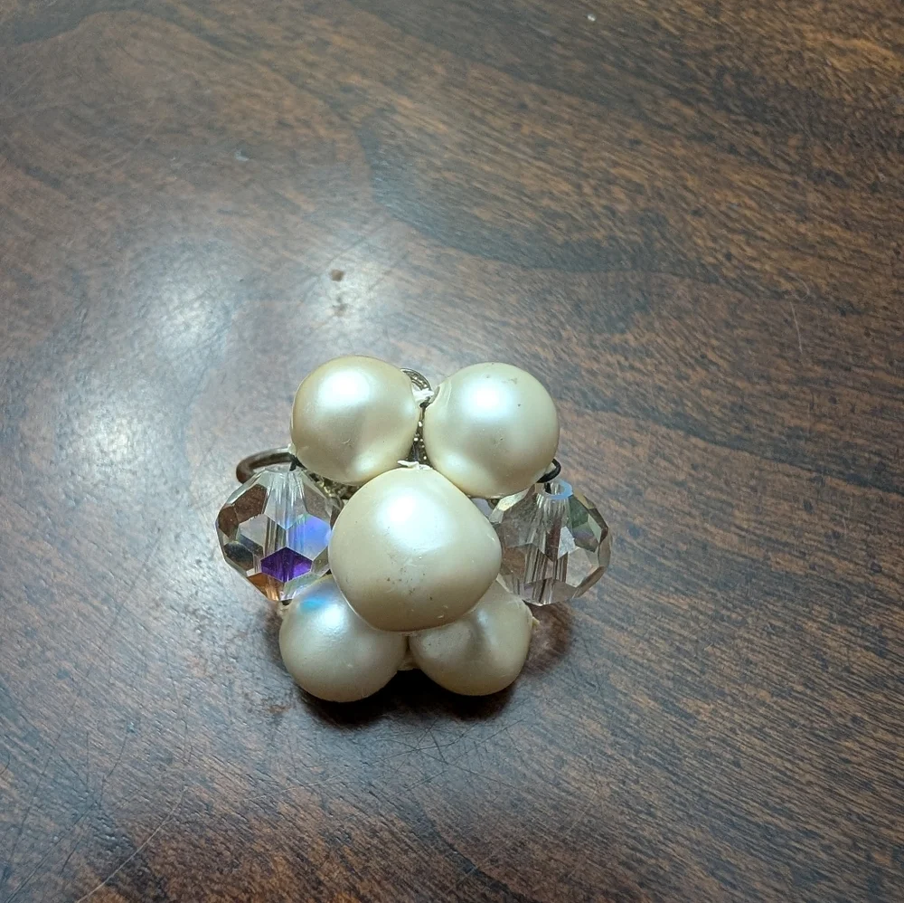 Vintage  Laguna Silver Toned Faux Pearl & Iridescent AB Beaded Clip Earrings - Picture 2 of 10